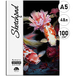 Скетчпад, 2 типа бумаги (белая 100г/м2, черная 80г/м2), А5, 48л, сшивка, без линовки, обложка - матовый ламинарованный картон " Феникс " Карпы кои