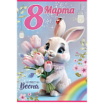 Открытка " Праздник " 445 8 Марта- Привет, Весна, Милый зайка с тюльпанами, 126*182мм, радужные блестки в лаке, текст