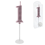 Свеча для торта цифра " KWELT " 1, светло-розовая, 2*4*0,5см, на палочке с подставкой, пластиковая упаковка 9,5*3*1см, европодвес