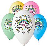 Шар латексный с рисунком 12"/30см Единорог Радуга, с облачками, сердечками, звездочками, конфетами и другими волшебными элементами