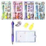 Набор канцелярский детский " Mazari " Лабубу, 4 предмета: блокнот 70*60мм 42листа линия, ручка шариковая автоматическая 4в1, текстовыделитель, декоративная клейкая лента 25см*1,5см, ассорти (без возможности выбора цвета), блистер, европодвес