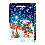 Пакет Новогодний бумажный " Мир открыток " 32,5*45*10см Дед мороз на поезде, игрушки, подарки, звери, птицы, снежинки, ламинированный