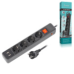 Сетевой фильтр " Smartbuy " 1,8м 4 розетки, 16А, 2 USB порта, 1 Type-C порт, защитные шторки, защита от короткого замыкания, черный