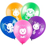 Шар латексный с рисунком " Браво " 12"/30см Веселые зверята, ассорти из 5 цветов, 4 дизайнов