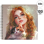 Скетчпад, белая бумага 100г/м2, 195*195мм, 40л, спираль, без линовки, обложка - мелованный картон, тиснение фольгой, жесткая подложка, " Феникс " Рыженькая с кошечкой