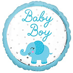 Шар фольгированный 18"/46см Круг Baby boy Слоник голубой