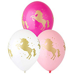 Шар латексный шелкография 14"/36см Единорог, ассорти 3 цвета, 1 дизайн