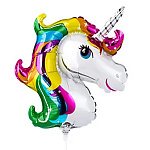 Шар фольгированный фигурный 10"/25см Единорог Радужный голова, крепится с помощью розетки на палочку (в комплект не входят)