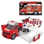Набор " Fire truck " 17 предметов: пожарная машина световые и звуковые эфекты 32*12*17см, пожарная машина 15*3*6см, пожарный-6шт, топор, лопата, предупредительные знаки-7шт, батарейки в комплекте, картонная коробка 33*13*17,5см
