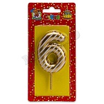 Свеча для торта цифра " Миленд " 6, золотая в полоску, 14*6,5*1см, картонный блистер, европодвес