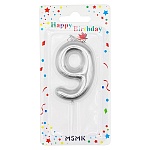 Свеча для торта цифра " KWELT " 9, серебряная, 6*4*1см, на палочке, картонный блистер 14*7*1,5см, европодвес