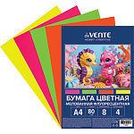 Бумага цветная А4 мелованная, флуоресцентная, 8л 4цв " deVente " 80г/м2, пакет, европодвес