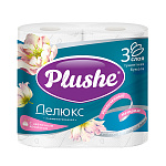 Бумага туалетная 3-слойная " Plushe " Делюкс 4 рулона со втулкой, 15м, белая, 100% целлюлоза, 105*95мм, с перфорацией, h=95мм, d=45мм, с принтом