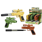 Ручка шариковая " Basir " Пистолет с прицелом-фонариком, в дисплее, синяя 0,38мм, толщина письма 0,19мм, корпус в виде дула, цвет корпуса - ассорти, картонный дисплей