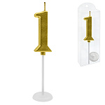 Свеча для торта цифра " KWELT " 1, золото, 2*4*0,5см, на палочке с подставкой, пластиковая упаковка 9,5*3*1см, европодвес