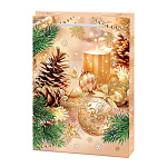 Пакет Новогодний бумажный " Мир открыток " 13,5*18*6см Еловые ветки, шишки, золотые шары, свеча, снежинки, ламинированный