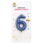 Свеча для торта цифра " KWELT " 6, синяя, 6*4*1см, на палочке,  картонный блистер 14*7*1,5см, европодвес