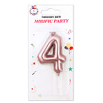 Свеча для торта цифра " KWELT " 4, розовая, 6*4*1см, на палочке, картонный блистер 14*7*1,5см, европодвес