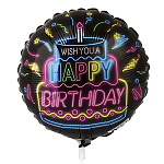 Шар фольгированный 18"/45см Happy Birthday! металлик, неон, крепятся с помощью розетки на палочку (в комплект не входят)