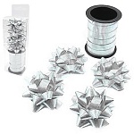 Набор для упаковки подарков: бант звезда 6см 4шт + лента 10м фактурная, белая, пластиковая упаковка, европодвес