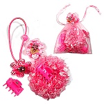 Набор резинок для волос " Сумочка " 9 шт: 7 розовых резиночек, 2 розовые заколочки, мешочек из органзы