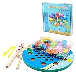 Логическая игрушка " KWELT " Рыбалка 40 элементов, деревянное игровое поле, деревянная удочка с магнитом, палочки, пластиковый пинцет, картонная упаковка 24*24*4,5см