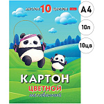 Картон цветной А4 мелованный, 10л 10цв " Hatber " Плюшевые панды, 190г/м2, в папке
