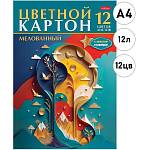 Картон цветной А4 мелованный 12л 12цв " Hatber " Золотой рельеф, с золотом и серебром, в папке