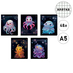 Тетрадь А5 48л " Альт " Вечеринка осьминогов (Octopus party), клетка, офсет, на скобе, обложка- мелованный картон, матовая ламинация, скругленные углы, 5 дизайнов в спайке