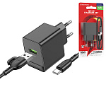 Зарядное устройство сетевое " Borofone " BAS12A Erudite черное, 3,0, 18Вт, QC, FCP, AFC, USB, пластик, кабель Type-C, 1м