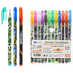 Набор гелевых ручек " Basir " Спорт 12цв 1,0мм, ароматизированный, прозрачный с рисунком корпус, цвет колпачка соответствует цвету чернил, с блестками, упаковка ПВХ, европодвес