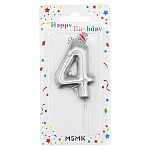 Свеча для торта цифра " KWELT " 4, серебряная, 6*4*1см, на палочке, картонный блистер 14*7*1,5см, европодвес