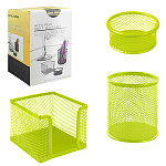 Набор аксессуаров настольных " KWELT " 3шт, металлических, сетчатых, салатовых, в наборе: стакан 8*9,5см, бокс для бумаг 10*10*8см, подставка для мелочей 8*3,5см, картонная упаковка