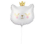 Шар фольгированный фигурный 14"/35,6см Голова кошки в короне белая на палочке, крепится с помощью розетки на палочку