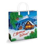 Пакет Новогодний ПЭ " Интерпак " с пластиковой ручкой МП, 30*30см 150мкм Домики в горах