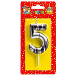 Свеча для торта цифра " Миленд " Шебби шик 5, серебряная, 3*9*0,8см, картонный блистер, европодвес