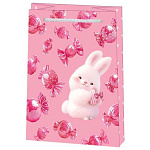 Пакет бум " Мир открыток " 11*13,7*6см Зайчик с подарком, конфетки, ламинированный