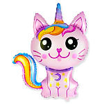 Шар фольгированный фигурный 12"/32см Кот-Единорог розовый, крепится с помощью розетки на палочку (в комплект не входят)