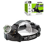 Фонарь налобный аккумуляторный " SmartBuy " 3 режима работы, 10Вт, световой луч - 400м, всенсорное управление, фокусировка луча, в наборе: фонарь - 1шт, провод Micro-USB - 1шт, регулируемый ремень - 1шт, картонная упаковка