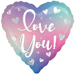 Шар фольгированный 18"/46см Сердце Love you, Сердца Silver Омбре нежное