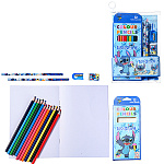 Набор подарочный " Mazari " Стич, 6 предметов: блокнот 14*20см, 12листов, карандаши цветные 12цв, карандаш ч/гр-2шт, точилка, ластик, ассорти (без возможности выбора цвета), пластиковая сумка с Zip-молнией