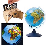 Глобус физико-политический интерактивный рельефный с подсветкой от батареек 210мм " Globen " в комплекте: очки виртуальной реальности (VR), батарейки в комплект не входят, картонная коробка