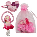 Набор резинок для волос " Сумочка " 11 шт: 9 розовых резиночек, 2 розовые заколочки, мешочек из органзы