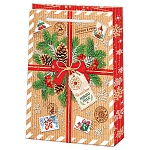 Пакет Новогодний бумажный " Мир открыток " 18*22,7*10см Еловые ветки и шишки, ламинированный