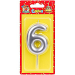 Свеча для торта цифра " Миленд " 6, серебряная, 14*6,5*1см, картонный блистер, европодвес