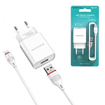 Зарядное устройство сетевое " Borofone " BA20A Sharp белое, 2,1А, USB, пластик, кабель Lightning, 1м