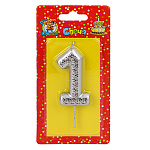 Свеча для торта цифра " Миленд " 1, серебряная, 14*6,5*1см, картонный блистер, европодвес