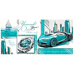 Конверт для денег " Мир открыток " 2-16 Мужской- Успехов!, Автомобиль, часы, небосребы, 168*83мм, блестки, рельеф