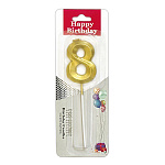 Свеча для торта цифра " KWELT " 8, золотая, 3*5*0,5см, на палочке, картонный блистер 5,7*16,5*1см, европодвес