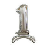 Шар фольгированный 30"/76см Цифра-1 серебро на подставке, индивидуальная упаковка